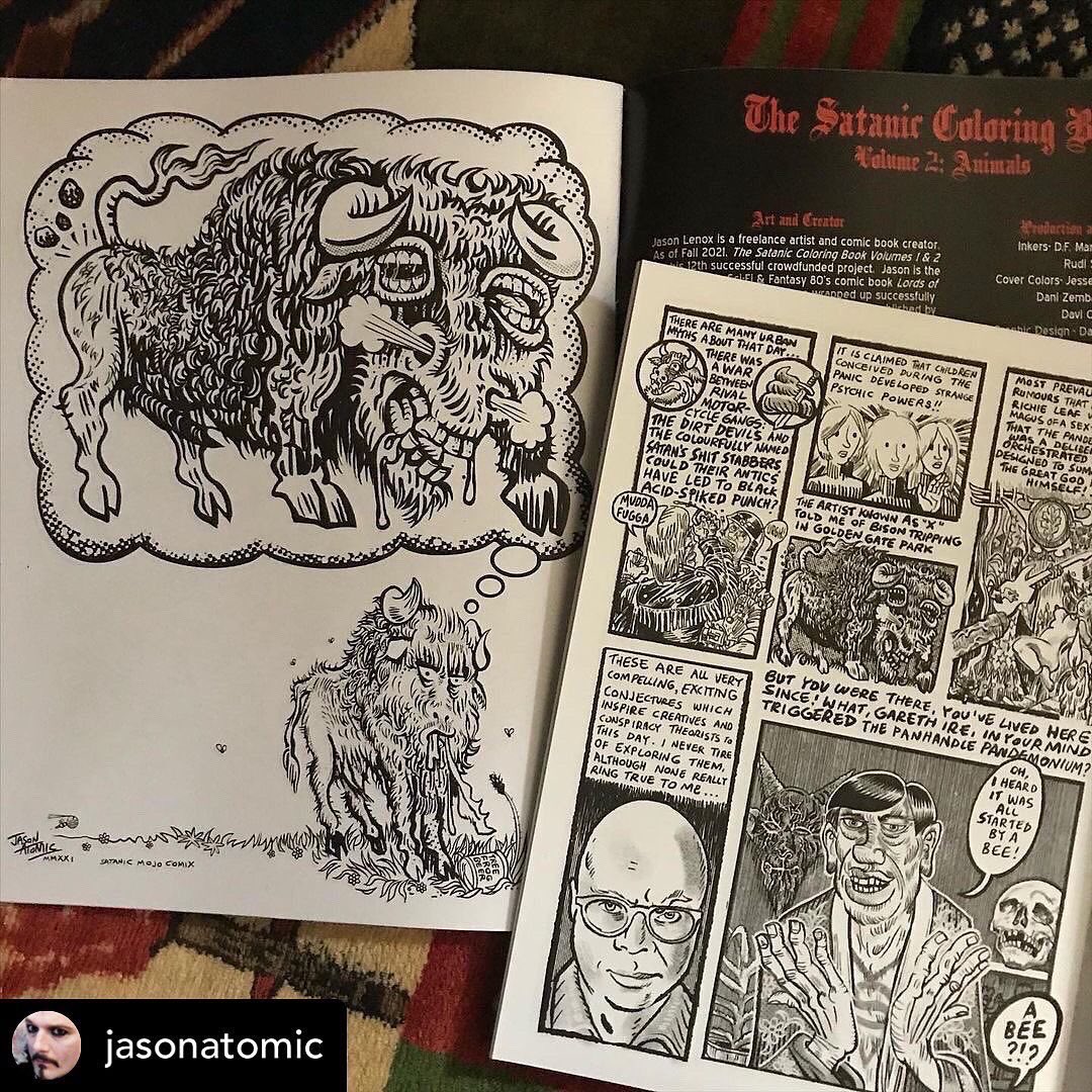 jasonatomic's tweet image. Thanks to @SatanicColoring for including my psychedelic bison illustration. In  vol.2 of their excellent #adultcolouringbook series. My contribution ties into my strip in #SatanicMojoComix issue 7