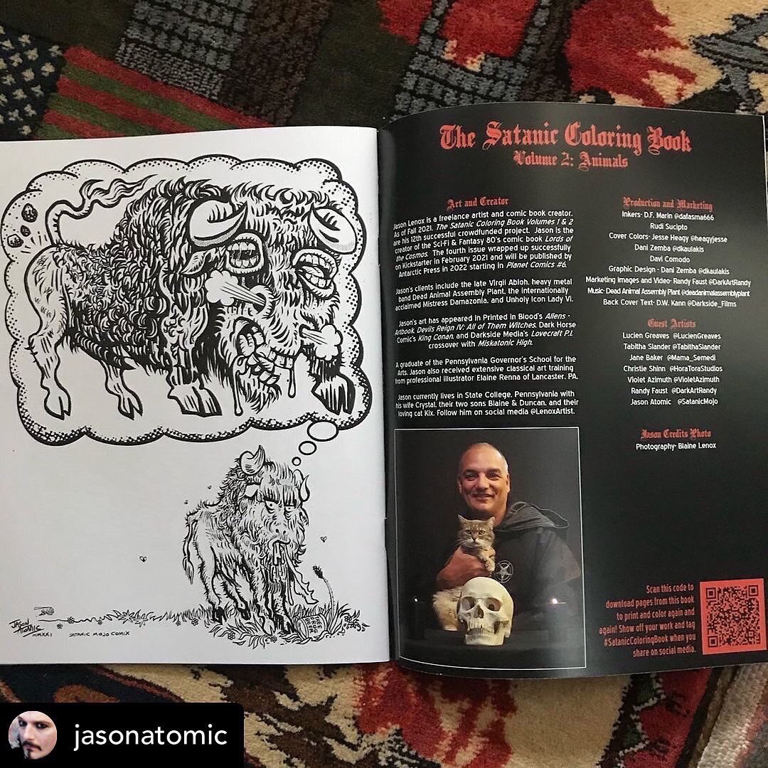 jasonatomic's tweet image. Thanks to @SatanicColoring for including my psychedelic bison illustration. In  vol.2 of their excellent #adultcolouringbook series. My contribution ties into my strip in #SatanicMojoComix issue 7