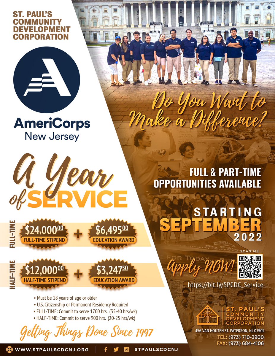 stpaulscdcnj's tweet photo. If you or someone you know is looking to make a difference in Paterson and Passaic County (NJ), join #SPCDC’s AmeriCorps program. With an ENHANCED stipend, there’s never been a better time to Get Involved and Get Things Done.
TO SUBMIT AN INTEREST FORM:
https://t.co/Hx2Fe6j3TH https://t.co/sdsjXKJ3BN