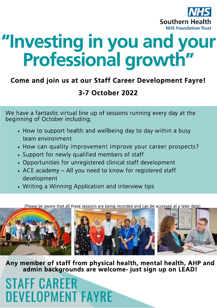 A trust wide career development fayre for existing members of staff has been organised! There will be sessions to take part in & an opportunities to develop your career within the trust so don't miss it! If you would like to attend, sign up on LEAD #careerdvelopment #nhscareers