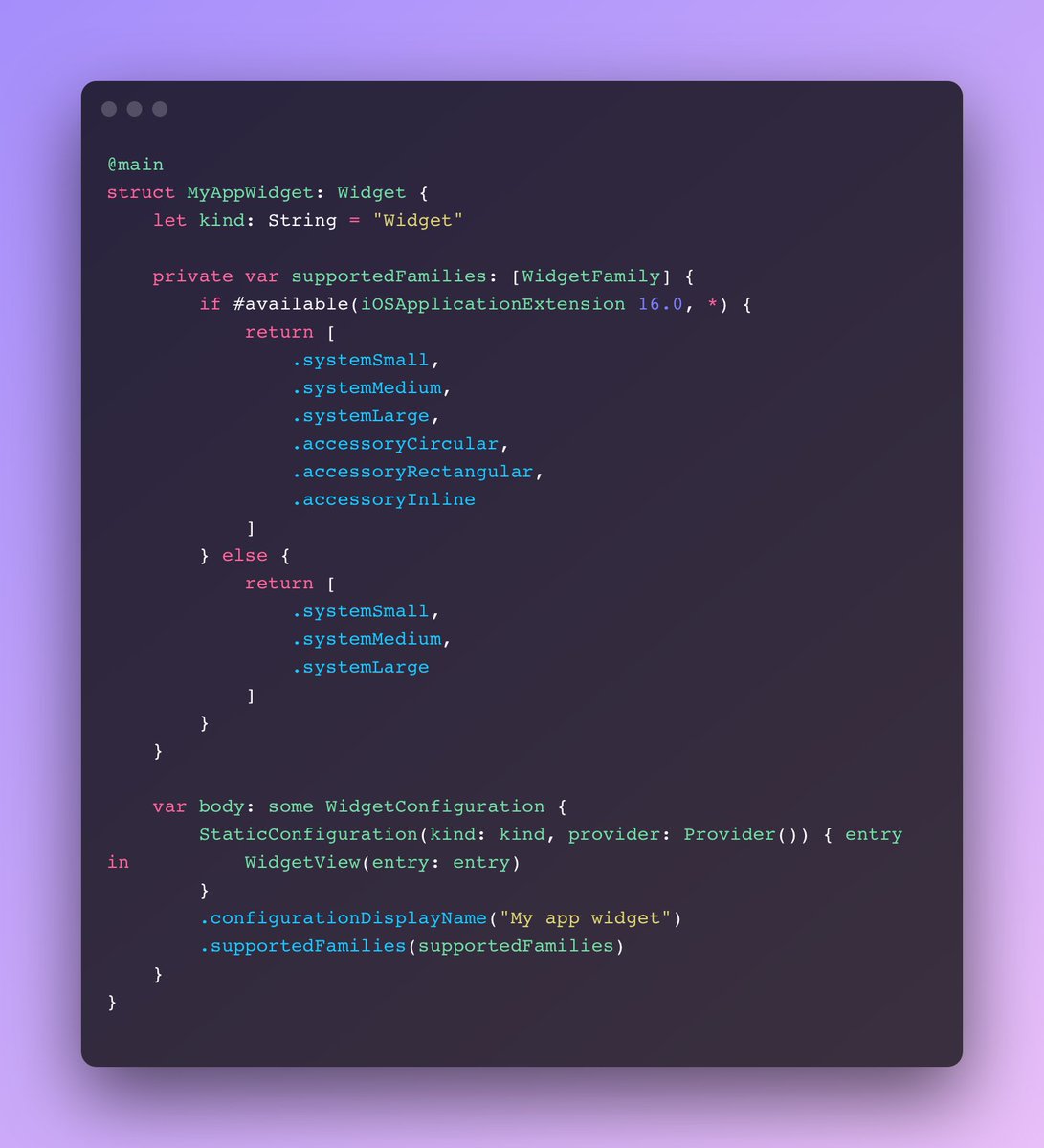 mecid's tweet photo. If you are going to support both iOS 15 and 16, but want to implement lock screen widgets, you can use availability checks in your application extension to provide a particular set of supported lock screen widgets.
https://t.co/crrQyWwCNv https://t.co/t2YmOwzgfS