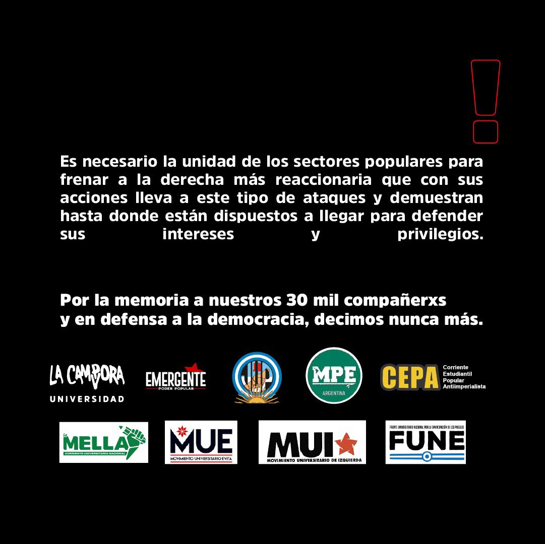 JUPNacionalOK's tweet photo. El movimiento estudiantil, en unidad, expresa el repudio al atentado contra la Vicepresidenta @CFKArgentina https://t.co/MePfU4bA4O
