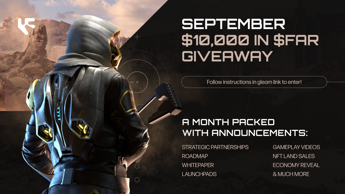 To kick off a big month of announcements at Farcana, we're giving away $10,000 in $FAR tokens❗️🤩

A total of 100 winners will all win $100 each, a huge opportunity to win with so many winners❗️

To enter the raffle complete the tasks on Gleam below 👇
gleam.io/competitions/a…