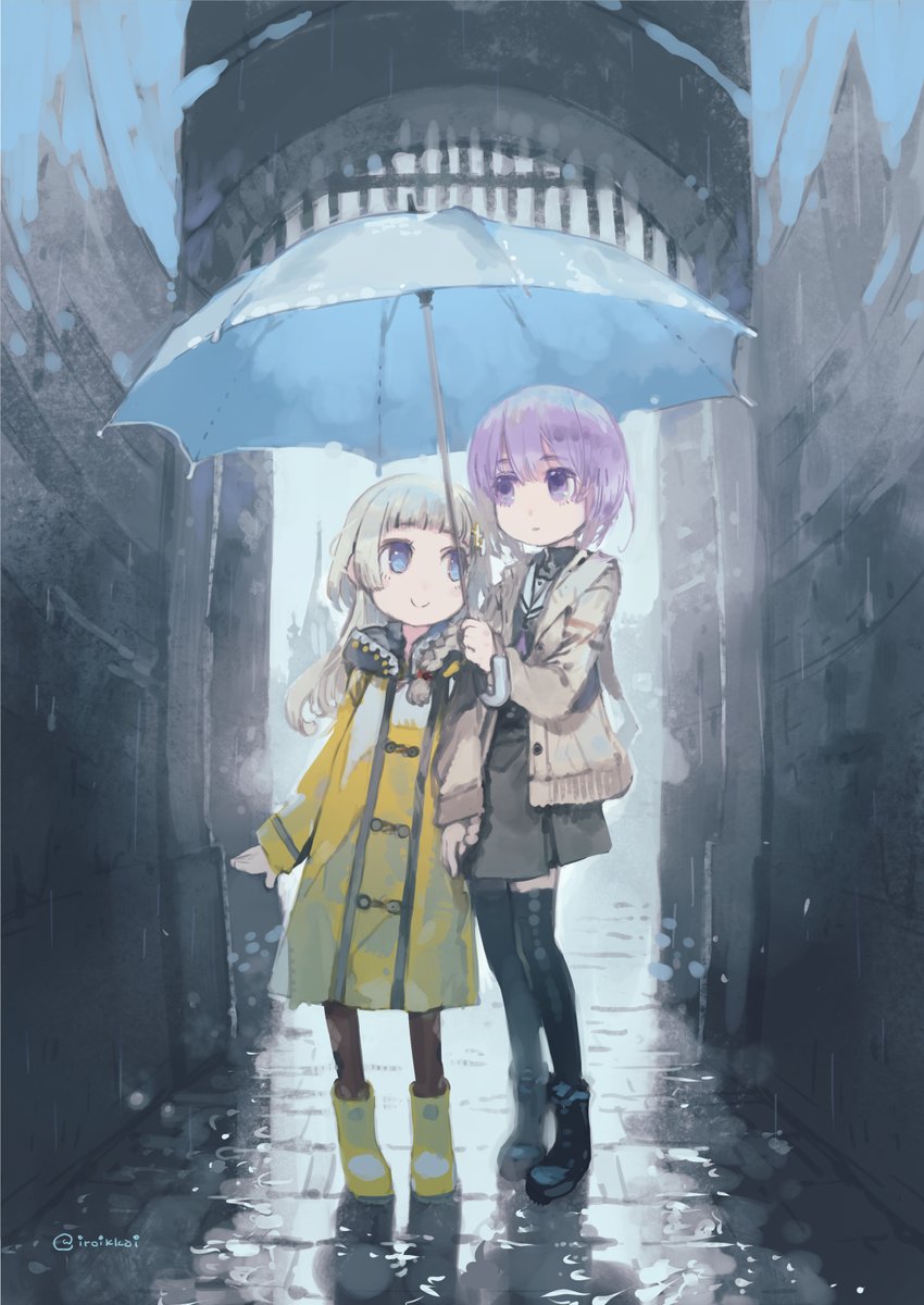 multiple girls 2girls umbrella holding umbrella boots purple hair purple eyes  illustration images