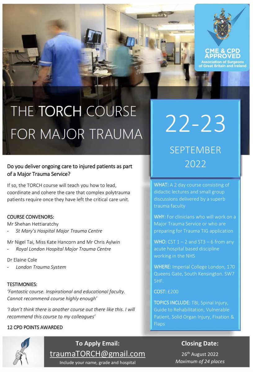 Kate Hancorn (@katehancorn) on Twitter photo 3 weeks until TORCH! <a href="/TraumaTorch/">Trauma_TORCH</a> This course focuses on trauma patient care following initial resuscitation. Accredited with 12 CPD points it’s perfect for STs caring for complex trauma patients. 2 last minute places available for those interested. Email traumatorch@gmail.com 3 weeks until TORCH! <a href="/TraumaTorch/">Trauma_TORCH</a> This course focuses on trauma patient care following initial resuscitation. Accredited with 12 CPD points it’s perfect for STs caring for complex trauma patients. 2 last minute places available for those interested. Email traumatorch@gmail.com