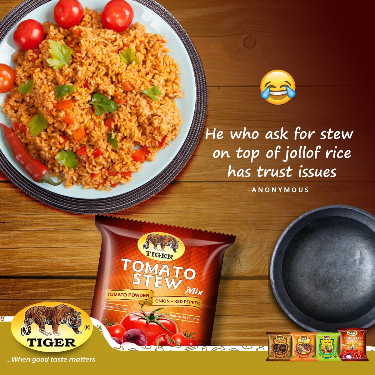 thetigerfoods's tweet photo. "He who ask for stew on top of jollof rice, has trust issues"🤔😁
Oya, make you use this quote hol body as weekend don reach. Drop your own quote, make we sef use am hol body

#TGIF #Weekend #weekendtreat #TigerSpices #Tomato #StewMix #WhenGoodTasteMatters https://t.co/RM3YeH57Jp