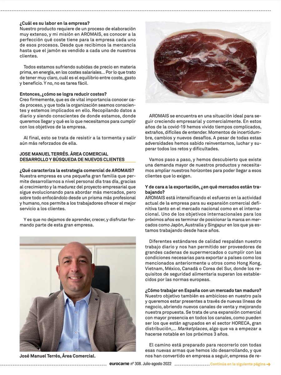 jamonesaromais's tweet photo. Aromais se posiciona como una referencia de calidad e innovación en jamón curado.
Artículo de Eurocarne - La guía cárnica 2022.
El directorio de industrias cárnicas más completo
Nº 308 julio-agosto 2022
#Eurocarne #eurocarne #jamon #aromais #superham #reducidoensal #serrano https://t.co/V7jLDMDiak