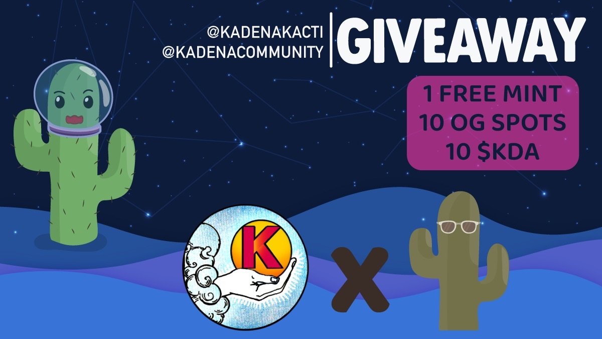 🎉Together with <a href="/KadenaKacti/">KadenaKacti</a>, we are giving away 1 #FreeMint, 10 OG spots &amp; 10 $KDA 🎉

🚨FYI, OG roles come with a free airdrop of land in phase 2🚨

1️⃣ 💜 &amp; RT
2️⃣ follow <a href="/KadenaCommunity/">Ⓚ:KadenaCommunity</a> &amp; <a href="/KadenaKacti/">KadenaKacti</a>
3️⃣ Tag 2 friends

⏳72h

#Kadena #KadenaEco #NFTGiveaways