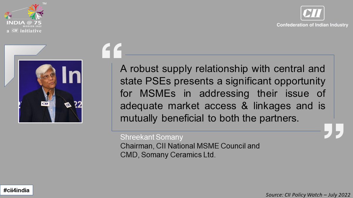 FollowCII's tweet photo. Shreekant Somany, Chairman, CII National MSME Council and CMD, @SomanyCeramic highlights key recommendations to foster a sustained & collaborative relationship b/w the #PSE & #MSMEs. Learn more in #CIIPolicyWatch➡️ https://t.co/9ebgibrbrs #CII4MSMEs @CIIDigiSaksham https://t.co/Qw32bMC7sG