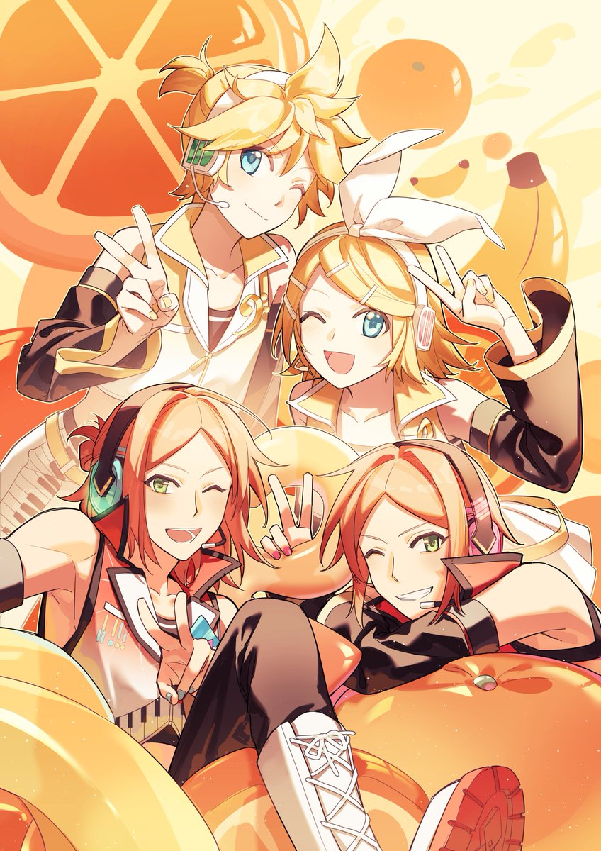 kagamine len ,kagamine rin one eye closed multiple boys smile blonde hair v 1girl headphones  illustration images