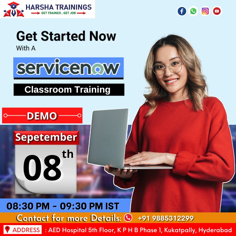 harshapega's tweet image. Greetings From Harsha Trainings,
We are starting a new batch on #Servicesnow #training in online mode.
Date: September 08th 2022
Time: 08:30AM to 09:30PM (IST)
For more details +91 9885312299
HarshaTrainings #trainings #placement #newbatch #courses #jobs  #OnlineTraining #OFFLINE