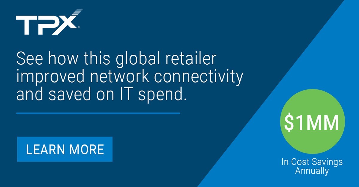 After partnering with <a href="/TPxComm/">TPx</a> a global retailer saved over one million dollars in annual costs across retail locations.

Learn how the experts at TPx helped improve their network connectivity with SD-WAN and network design: bit.ly/3dgRaNx  

#sdwan #retailinnovation