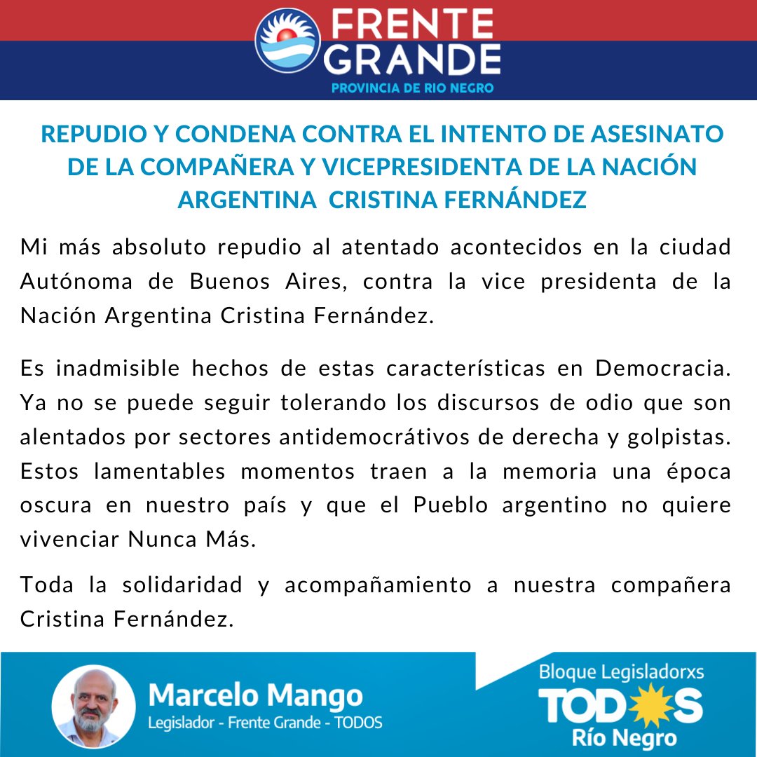 MangoLegislador's tweet photo. #Argentina Mi más absoluto repudio al atentado contra la compañera Cristina Fernández  y a toda violencia política https://t.co/0RSX7QnHN1
