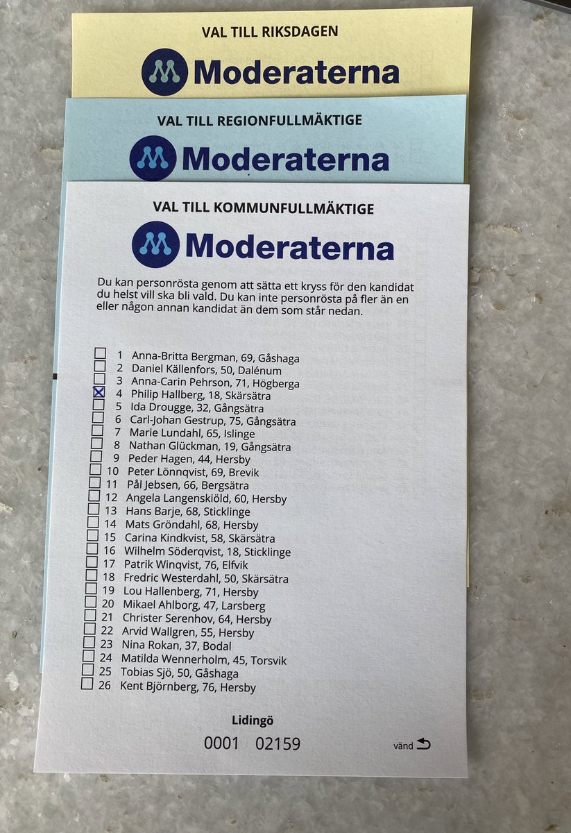 hallbergphilip's tweet photo. Idag har jag haft äran att få rösta i mitt första val någonsin. Naturligtvis röstade jag för ett maktskifte.

Jag har äran att stå på fjärde plats på Moderaternas lista på Lidingö till kommunalvalet. Jag hoppas på Lidingöares förtroende för att kunna utveckla Lidingö positivt. https://t.co/EJadEPm9hw