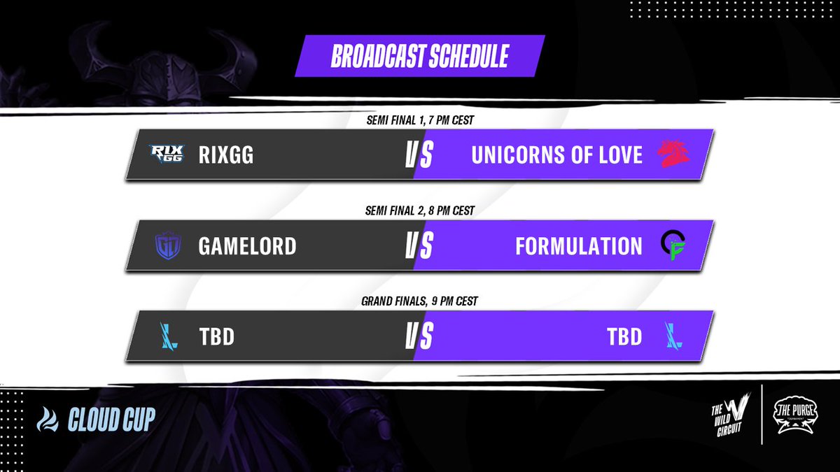 PurgeTournament's tweet photo. Here’s a look at the schedule for The Wild Circuit EMEA #CloudCup Playoffs! 

🔴Watch it LIVE tonight at 7PM CEST

🇬🇧  https://t.co/i52Qgxd97E
🇪🇸  https://t.co/1Esu2T8wIA
🇫🇷  https://t.co/mUMNzgVAnr 

@WildRiftEsports #WildRift https://t.co/Yrl3RuQeaJ