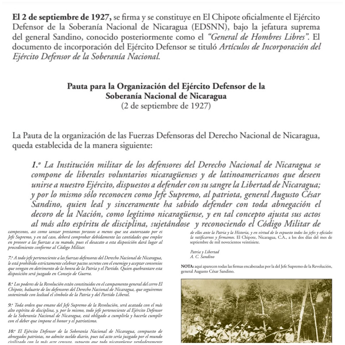 💥02Septiembre 1927: El General Augusto C. Sandino creó y firmó el Acta Constitutiva del EDSNN, que combatió a las fuerzas invasoras yanquis desde 1927 hasta 1933, año en el cual logró expulsarlas del país.

#UnidosEnVictorias
#PatriaBenditayLibre