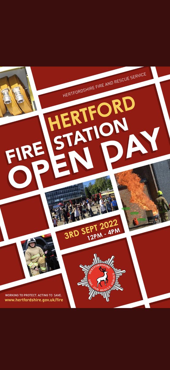 HawkinsJules's tweet photo. Come and join us at Hertford Fire Station tomorrow 12-4pm for our Annual Open Day including a charity ladder climb raising money for little  Ariana
Activities including Firefighter drills, smoke house experience, water target practice, food and drink, chip pan demo plus lots more https://t.co/0hECL4cP3T