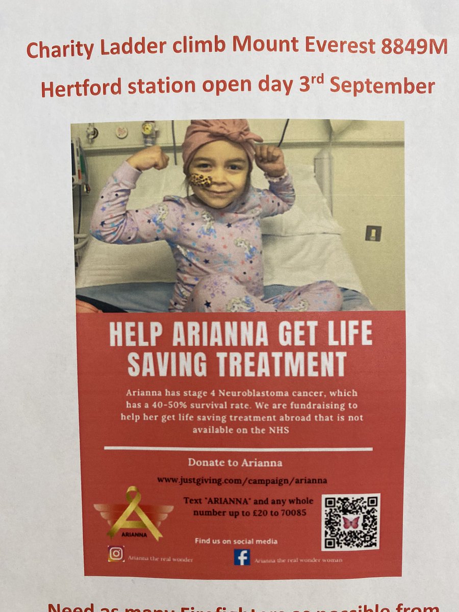 HawkinsJules's tweet photo. Come and join us at Hertford Fire Station tomorrow 12-4pm for our Annual Open Day including a charity ladder climb raising money for little  Ariana
Activities including Firefighter drills, smoke house experience, water target practice, food and drink, chip pan demo plus lots more https://t.co/0hECL4cP3T