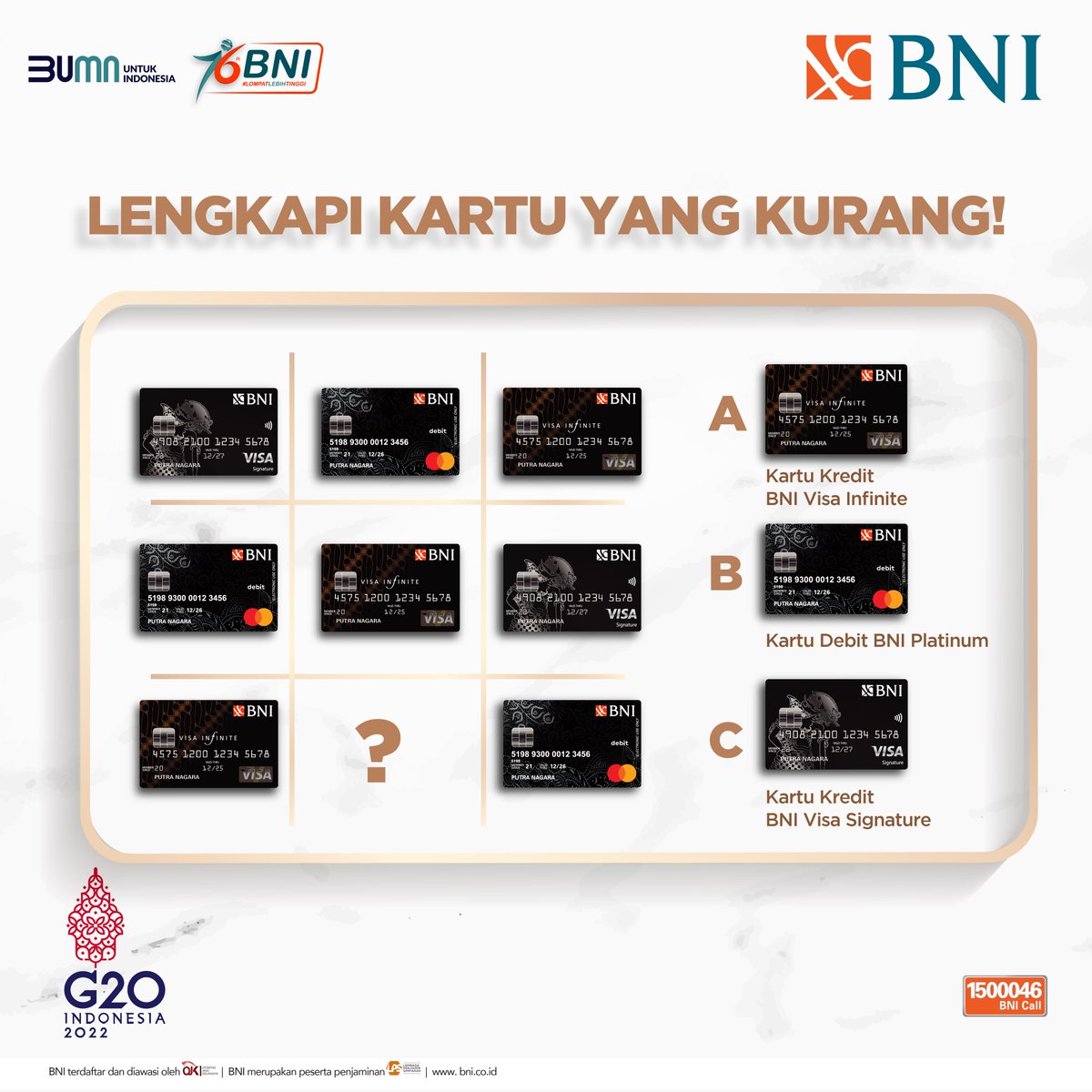 BNI's tweet photo. Udah siap buat tempur dapetin total hadiah Rp1 juta hari ini? Langsung aja yuk, temuin kartu BNI yang tepat buat isi posisi yang kosong. Tulis jawaban kamu dan nama kartunya di reply, sertain #BNIQuiz , dan retweet tweet ini yaa 🤗 https://t.co/kCk0EnV7uq