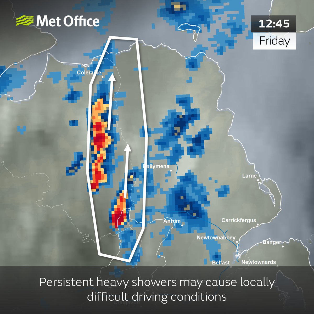 Slow moving bands of heavy showers, with a low risk of thunder, are likely to cause locally difficult driving conditions, especially on the A29 and A54 roads.

Coleraine, Portstewart, Portrush and Ballymoney may also experience very localised minor flooding.

Stay #WeatherAware