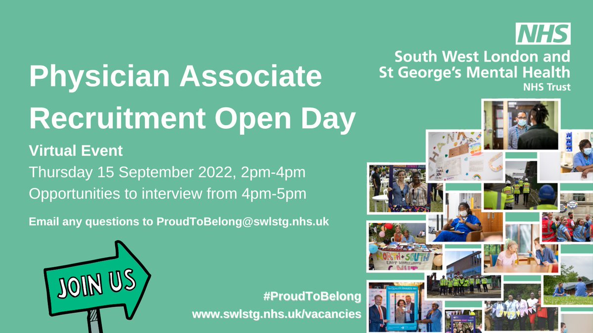 SWLSTG's tweet photo. Calling all Physician Associates! Are you interested in a career in mental health? We have a virtual recruitment open day on Thu 15 Sep. Join us online with an opportunity for interviews afterwards #ProudToBelong Register here https://t.co/bYrL279cHH https://t.co/pJb4KDU7Me