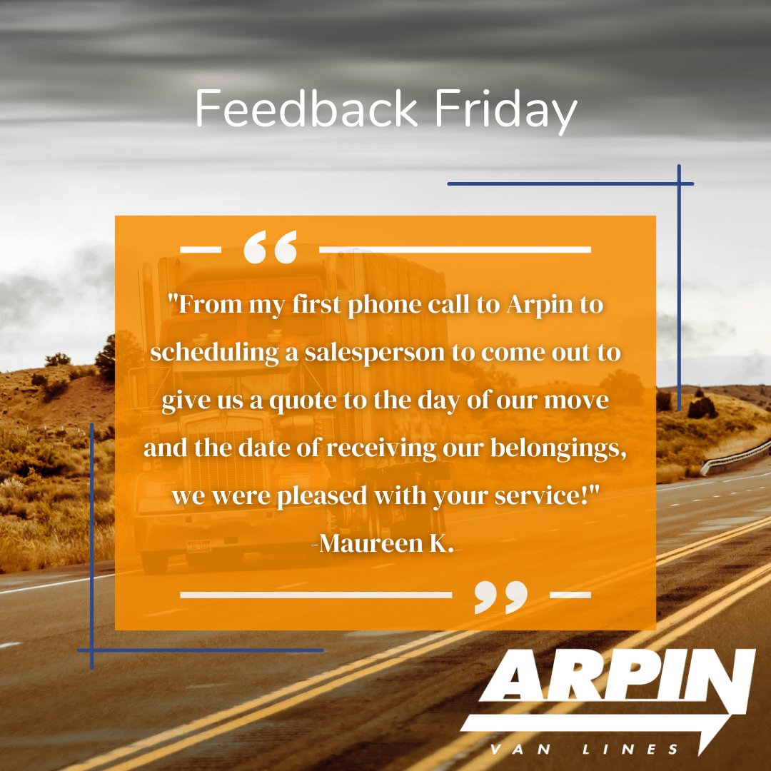 arpinvanlines's tweet photo. We are here to serve our customers from the first phone call to the last box!  #FeedbackFriday #DriversWanted #HomeGoods #Trucking  #MovingDay #Movingout #NewHome #CustomerSatisfaction #Customersfirst #LoyalCustomers https://t.co/1PoQYq2sXH