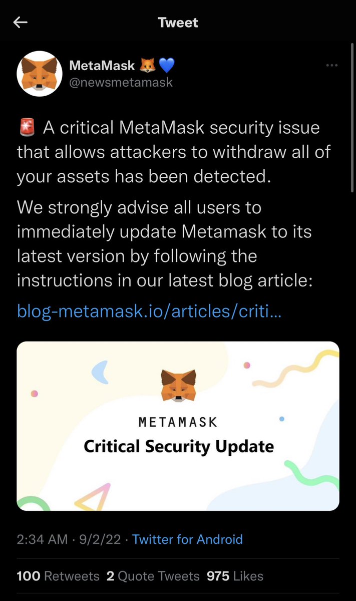 ⚠️ METAMASK SCAM ALERT

New MetaMask Scam claiming a security issue requires update. Their blog post attempts to open in MetaMask. 

Stay alert &amp; stay safe fam🔒
Like &amp; Retweet to help spread awareness!