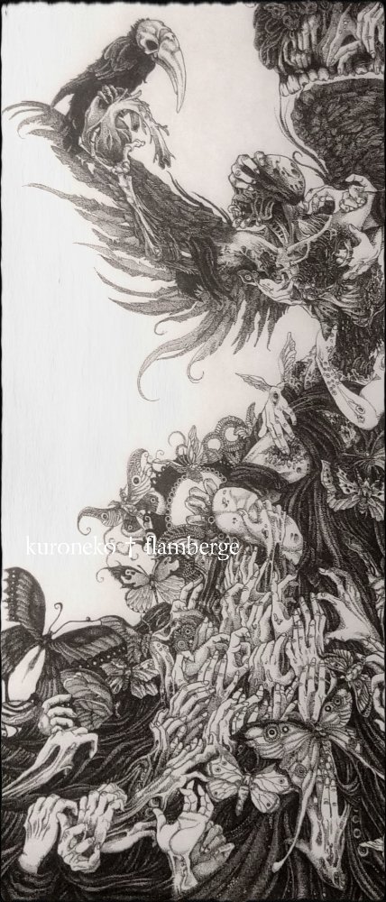【異端者】と名付けた蜘蛛の点描画を描いた後に、この【砂塵のプリズナー】という題名の点描画を制作。テーマは絶望と嘲笑。幻想とリアリティを共存させてみました。 