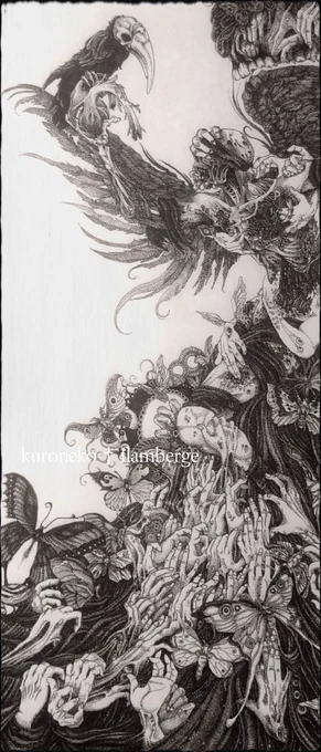 【異端者】と名付けた蜘蛛の点描画を描いた後に、この【砂塵のプリズナー】という題名の点描画を制作。テーマは絶望と嘲笑。幻想とリアリティを共存させてみました。 