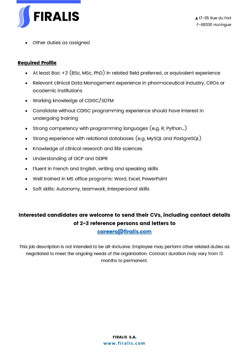 FIRALIS S.A. (@firalisgroup) on Twitter photo Firalis is looking for a Clinical Data Manager 🙂
#careers #datamanagement #pharmajobs #clinicaldata #firalis #hiring
If you're interested, you can send your application to careers@firalis.com Firalis is looking for a Clinical Data Manager 🙂
#careers #datamanagement #pharmajobs #clinicaldata #firalis #hiring
If you're interested, you can send your application to careers@firalis.com