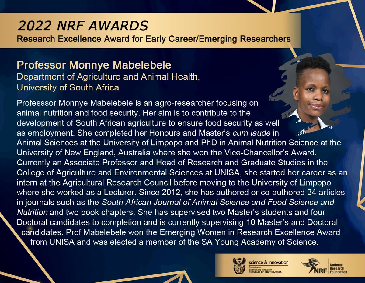 NRF_News's tweet photo. Congrats to Prof Monnye Mabelebele on receiving a 2022 NRF Research Excellence Award for Early Career/Emerging Researchers (#NaturalSciences Category) in recognition of outstanding research performance by an NRF grantholder: https://t.co/eRhKNSZJDl #2022NRFAwards https://t.co/7oS8qlguN8