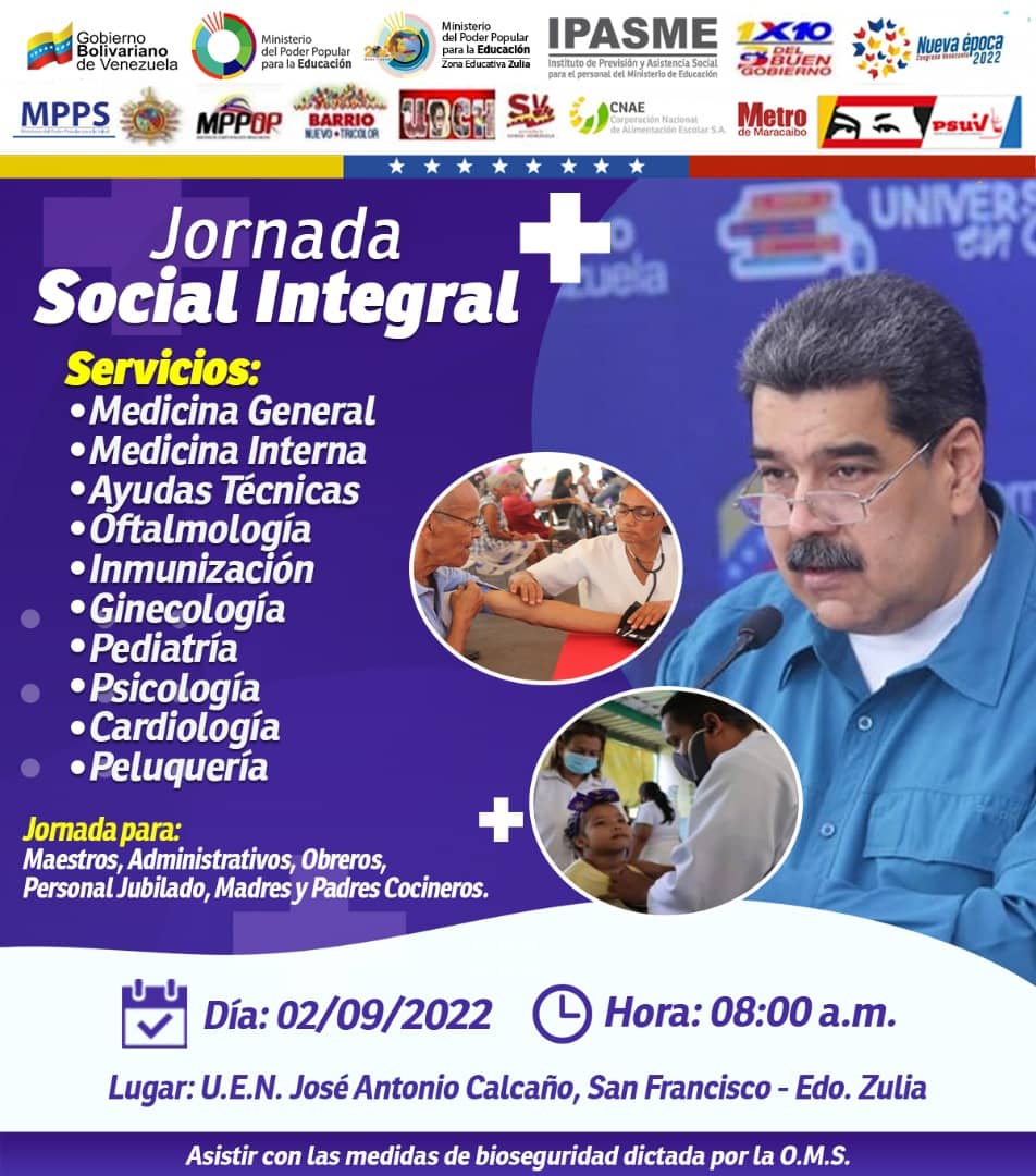 IpasmeOficial's tweet photo. #2Sep | ¡Seguimos en el #Zulia tierra de la Chinita!

Hoy estaremos en UEN. "José Antonio Calcaño", mcpo. San Francisco para brindar una Jornada Médica Integral a nuestro sector educativo y y sus familias.

¡Los esperamos! 🧡🩺⚕️

@NicolasMaduro @_LaAvanzadora
#PatriaUnidaDePaz https://t.co/NlSe5Ggpil