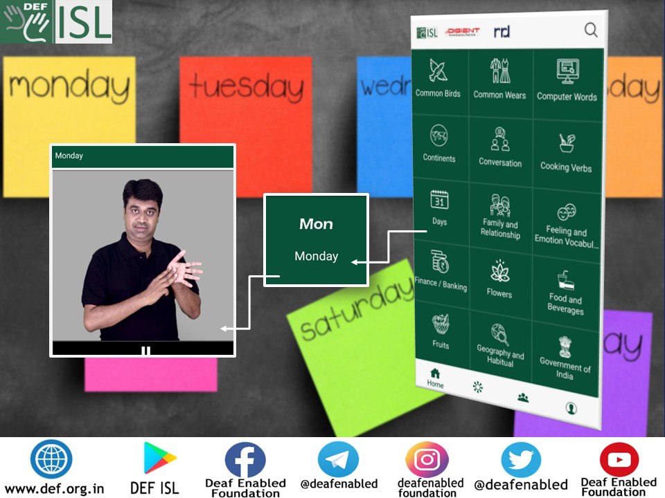 deafenabled's tweet image. Learn the sign alternatives of the days of the week from the DEF ISL App. Download today! #DeafEnabledFoundation #IndianSignLanguage #DEFISL #Week