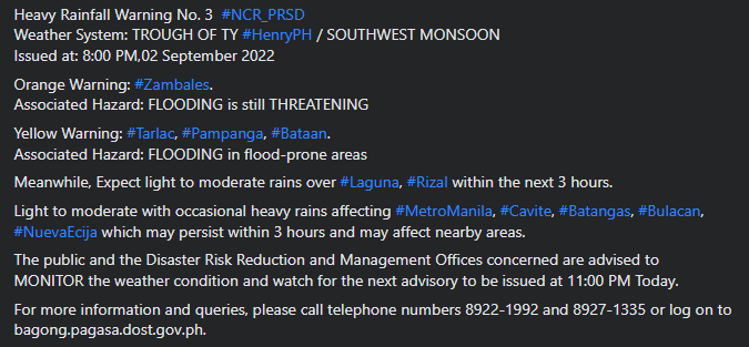 dost_pagasa's tweet photo. Heavy Rainfall Warning No. 3  NCR_PRSD
Weather System: TROUGH OF TY HENRY / SOUTHWEST MONSOON
Issued at: 8:00 PM,02 September 2022 https://t.co/pb3lBazVOo