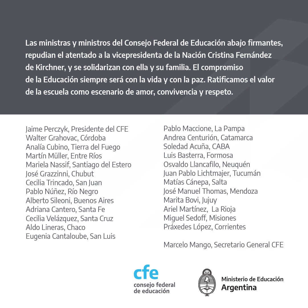 MangoLegislador's tweet photo. #CFE #MinEducacionArg repudio al atentado contra la vice presidenta de la Nación Argentina Dra. Cristina Fernández y solidaridad de las ministras y ministros provinciales de Educación. https://t.co/BvaH96Fq47