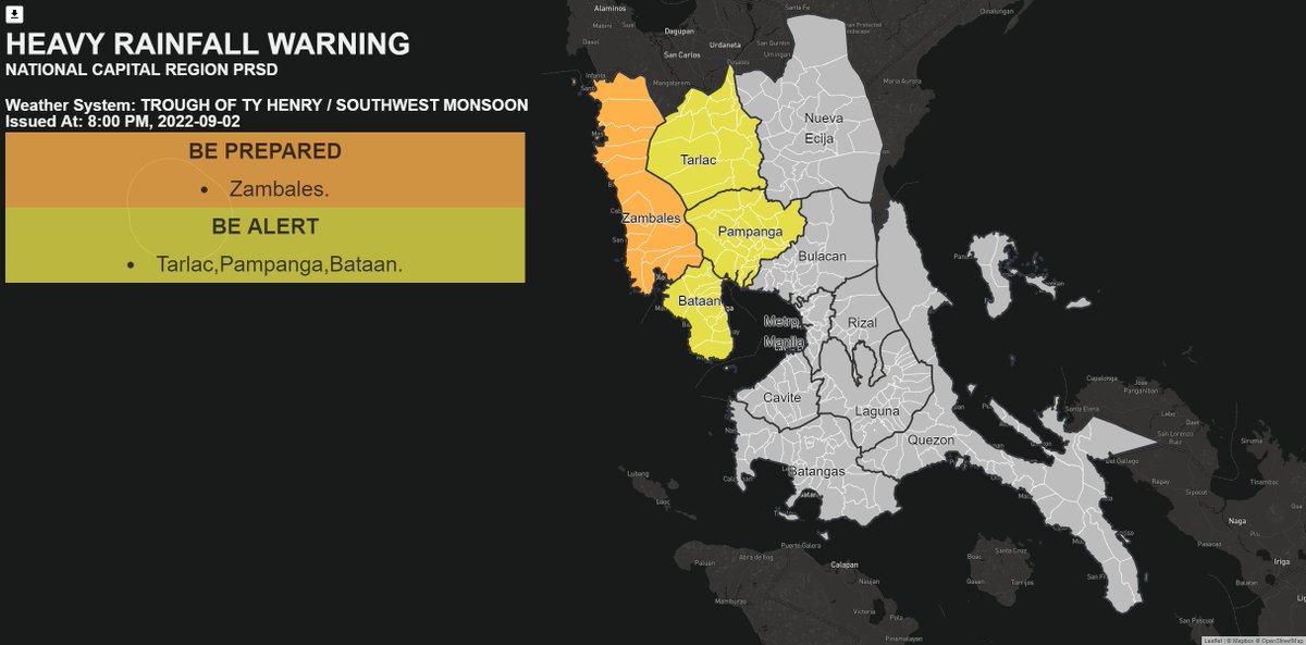 dost_pagasa's tweet photo. Heavy Rainfall Warning No. 3  NCR_PRSD
Weather System: TROUGH OF TY HENRY / SOUTHWEST MONSOON
Issued at: 8:00 PM,02 September 2022 https://t.co/pb3lBazVOo