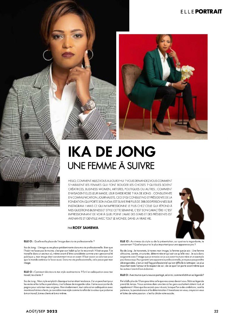 🙌🏽🙌🏽🙌🏽🙌🏽🙌🏽
QUEL HONNEUR !!! 
#IKADEJONG 
« UNE FEMME À SUIVRE! »
UNE PAGE  DANS « ELLE » #COTEDIVOIRE #MAGAZINE!!!!
MERCI MME Rosy Sambwa POUR CE BEL ARTICLE🙏🏽