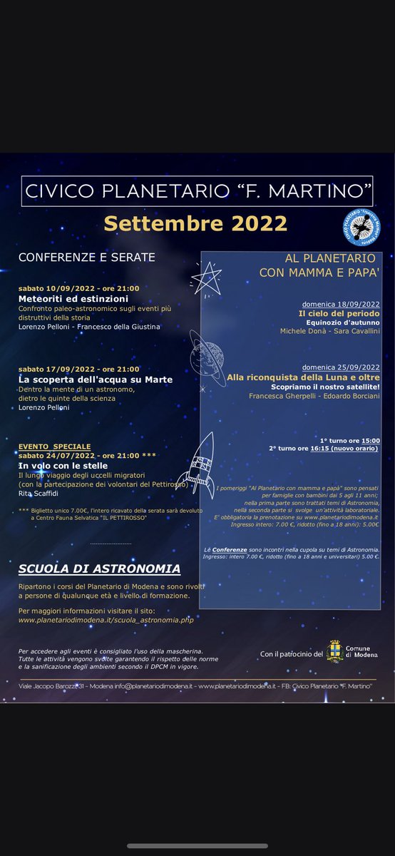 planetario_mo's tweet photo. #Settembre è arrivato, le #vacanze sono finite e l’#estate ormai lascia #spazio all’#autunno. Con questo non vogliamo farvi intristire ma semplicemente significa che ci saranno nuove #stelle e #costellazioni da osservare! 
Qui trovi la nostra #programmazione del #mese 👇🏻 https://t.co/Es1wDqPOTd