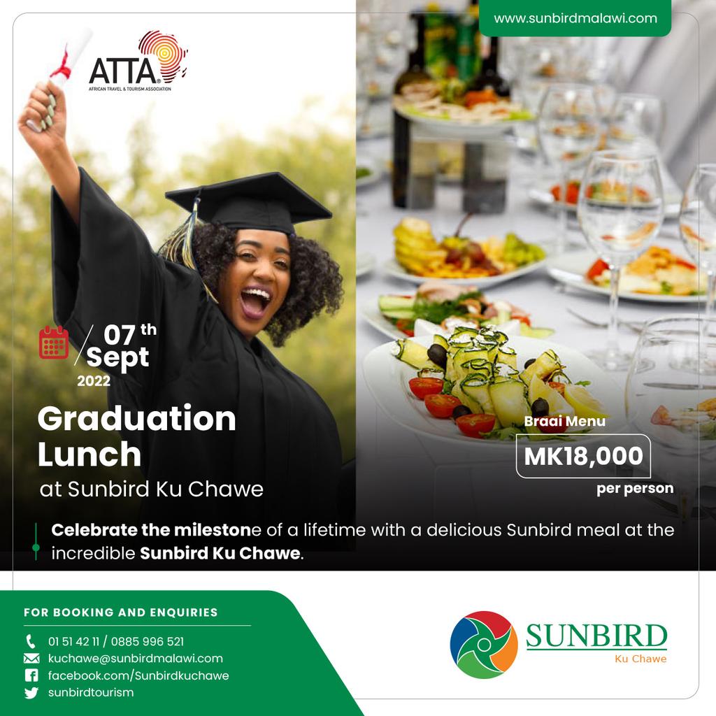 sunbirdtourism's tweet photo. Celebrate your UNIMA Graduation at #SunbirdKuchawe.

#SunbirdKuchawe is ready to serve you, your  family and friends to a delicious Graduation Lunch on the 7th of September, 2022 at only K18,000 per person.

#Graduationlunch
#thehomeofhospitality https://t.co/iZkcvsVGLL