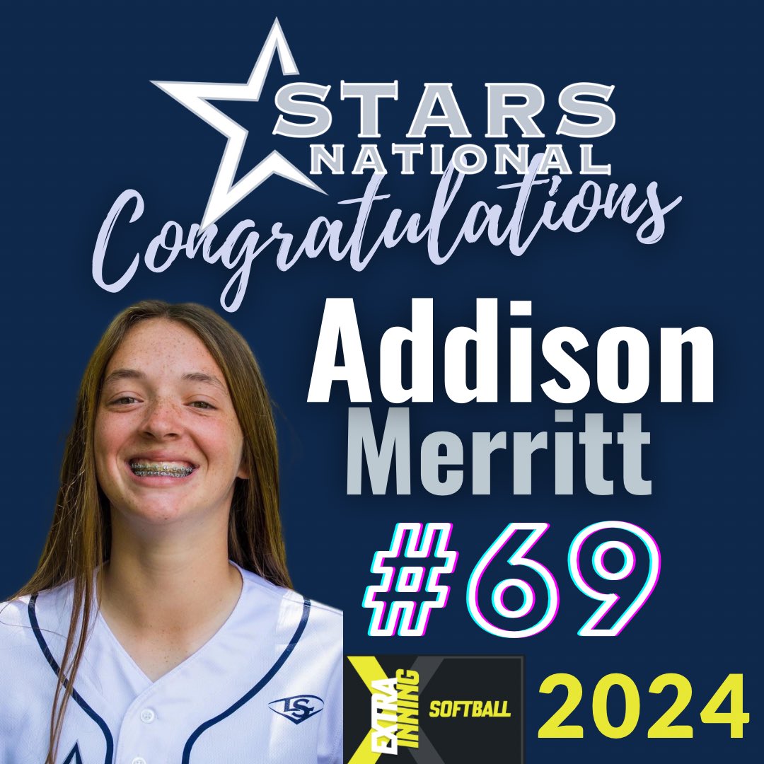 StarsnationalD's tweet photo. Congratulations to our #2 @addisonmerritt1 for breaking into @ExtraInningSB’s Top 100 Rankings for the Class of 2024. She received #69 overall ranking.Congrats on the recognition Bird. We’re so very proud. You have a bright future! @starsnationalfp #starsnationaldarnellgrabowski https://t.co/lZrkfZaZ9D