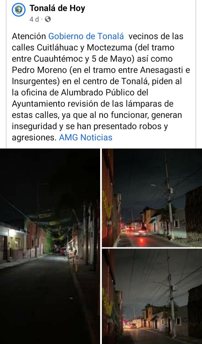 grisjarero's tweet photo. Aun sin funcionar las luminarias en pleno Tonalá Centro, requerimos de su apoyo para que sean reparadas 🙏🙏 a la brevedad posible por favor 🙏🙏 @SergioChavez_D @gobierno_tonala @SeguridadTon @LiliOleaFrias @tonaladehoy @EnterateTonala https://t.co/rDQbjpi4tJ