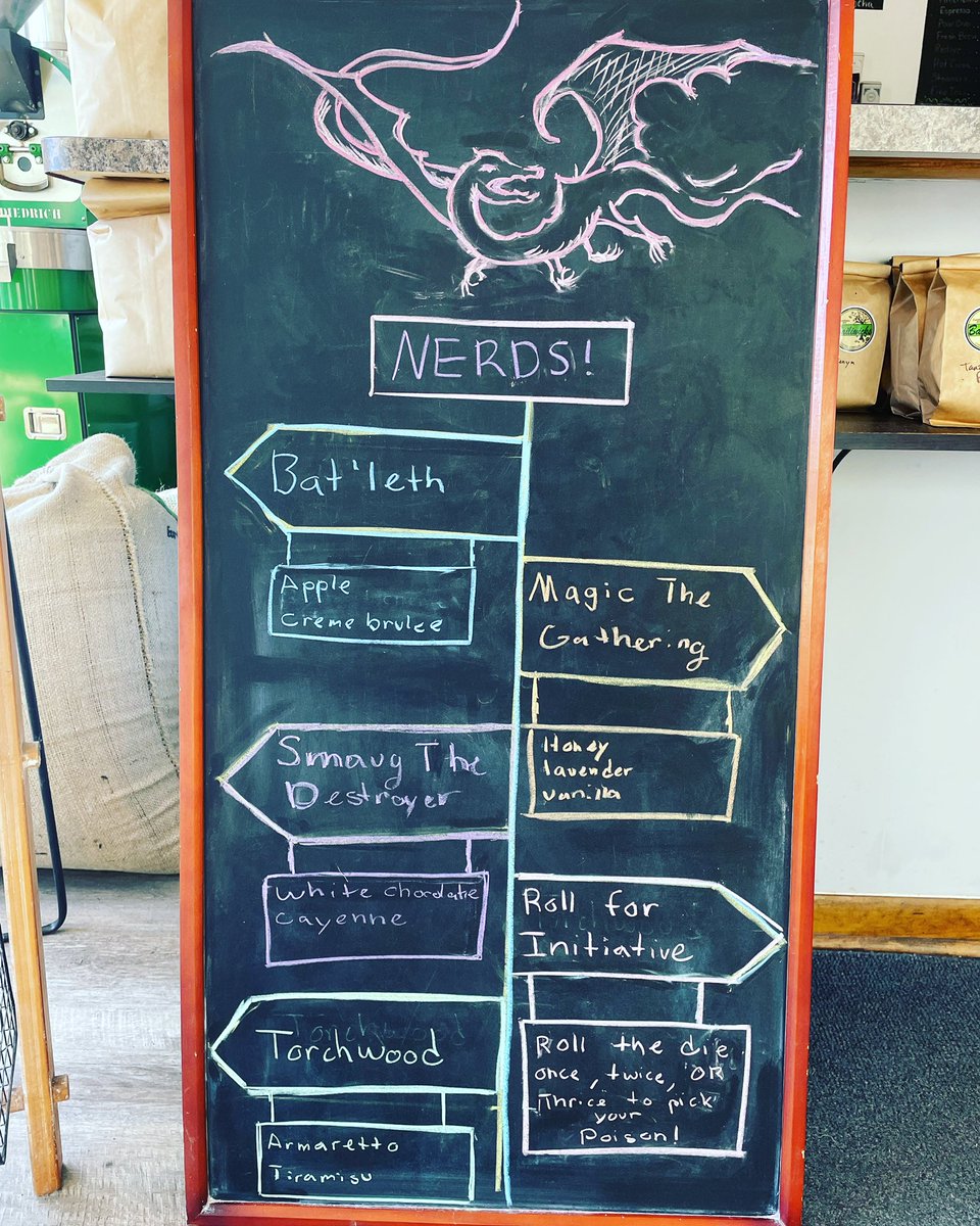 BailiwicksCoffe's tweet photo. Break out the glasses (but don’t break the glasses…) put your thinking caps on. September is for the NERDS!! Celebrating coffee and big brains this month with all of our favorite nerdy games! Roll for Initiative and let the dice decide your drink (and  your fate….probably) https://t.co/RbWBFCImJK