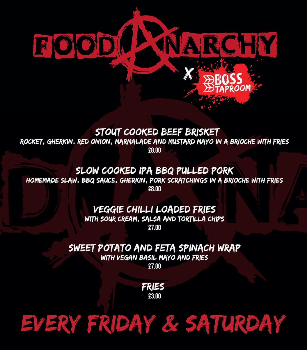 BossTaproom's tweet photo. FINALLY!

From tonight onwards for the next few months Food Anarchy will be set up here at Boss Brewing Taproom every Friday and Saturday

The menu will rotate weekly

This weeks Menu below

Tag your friends/partners/nan for chance to win a £30 voucher to spend on food and drink. https://t.co/z4ItKUdFCb