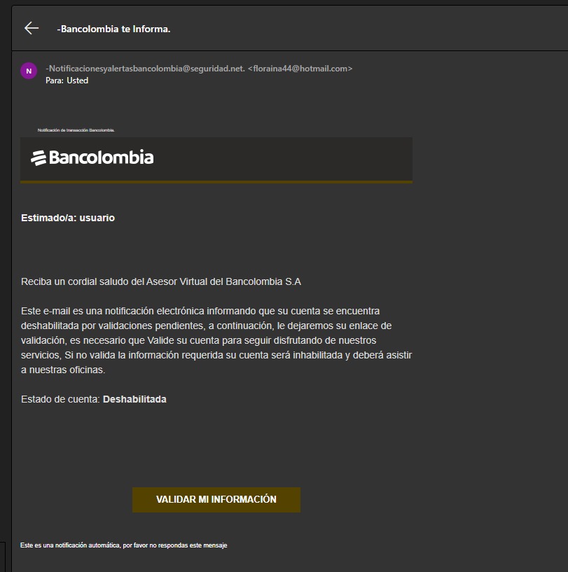 gerangeavil's tweet photo. ¿@Bancolombia cómo es que se filtra la información de sus clientes para que les envíen correos maliciosos? https://t.co/reHz8gATpy