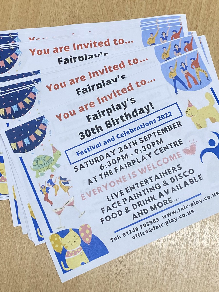 We’re sending out the invitations to our 30th Birthday Party! 🥳❤️

Everyone involved with Fairplay is welcome 🤗

For more information please contact us via our email 📧 or give us a call 📞

#fairplay #chesterfield #charity #birthday #party #celebration