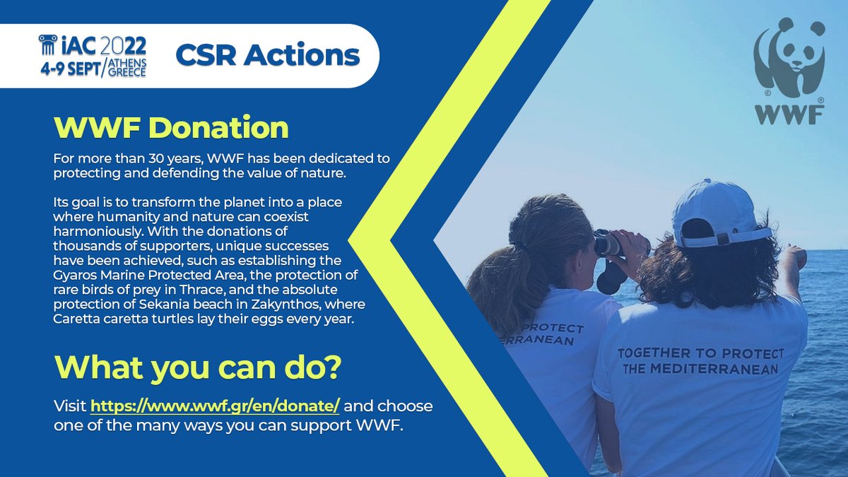 #IAC2022_Athens | 🌍 #CSR Action

Help <a href="/WWFGreece/">WWF Greece</a> to protect &amp; defend the value of nature. Choose one of the many ways you can support <a href="/WWF/">WWF</a>.

👉Donate here | wwf.gr/en/donate/