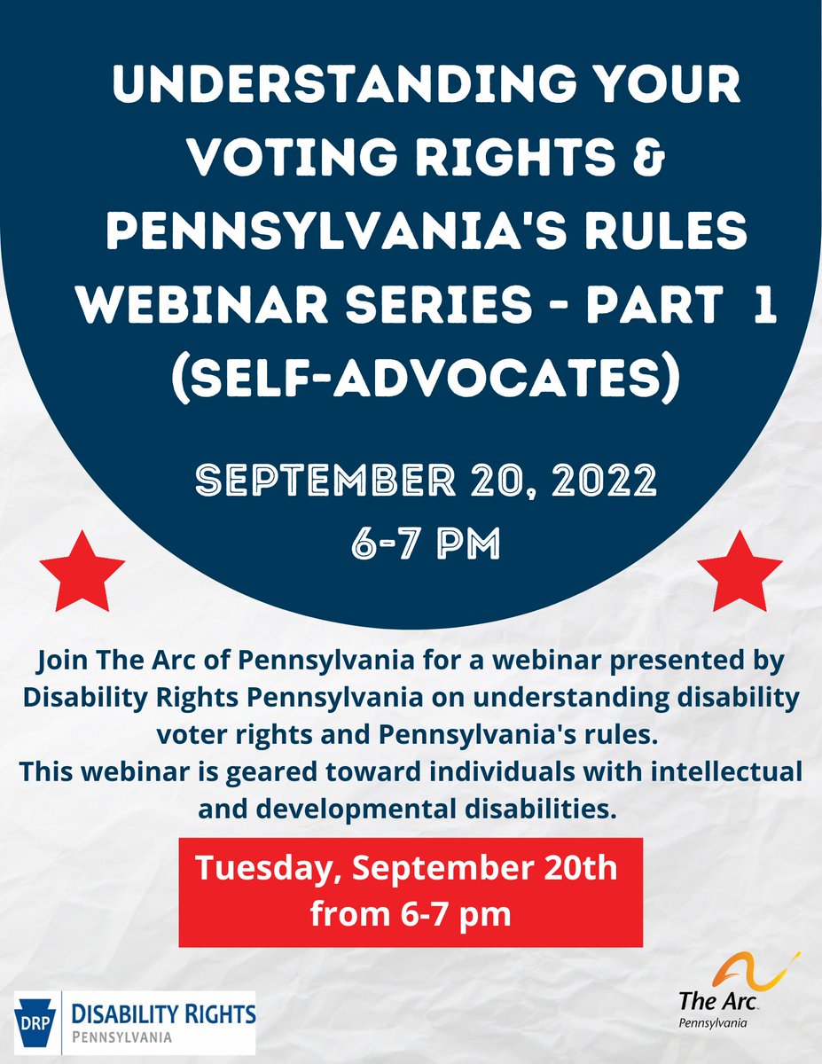 Calling Self Advocates! Join us for this webinar below as <a href="/DisabilityRtsPA/">Disability Rights Pennsylvania</a> presents about 🗳Voting Rights and Rules! This is designed just for you so sign up at this Zoom link: tinyurl.com/VotingRightsPa…
#VotingRights #Disabilities #Pennsylvania