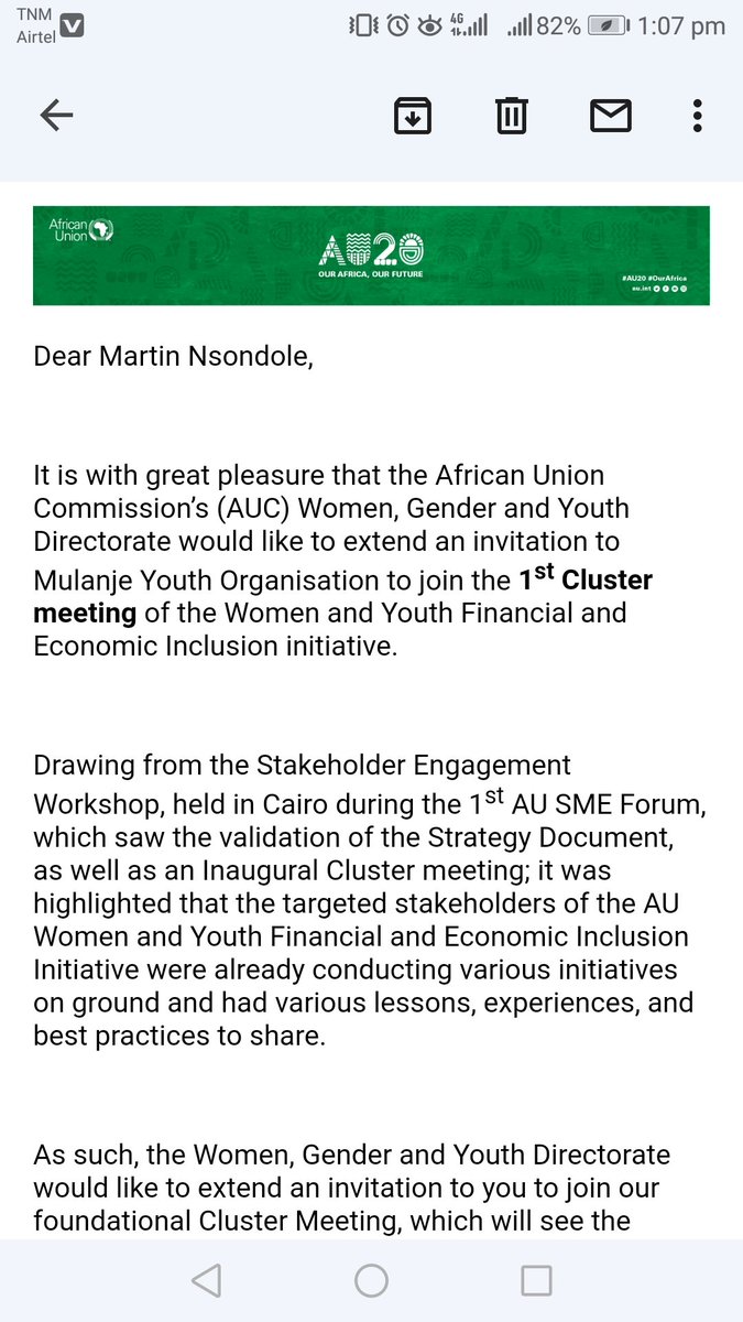 martinnsondole's tweet photo. Good news!! @MJYouthOrg has received an invitation from @_AfricanUnion Commission’s (AUC) Women, Gender and Youth Directorate to join the 1st Cluster meeting of the Women and Youth Financial and Economic Inclusion initiative.

@AUYouthProgram @YouthWaveMalawi @NycomMalawi https://t.co/EXOWifGEBv