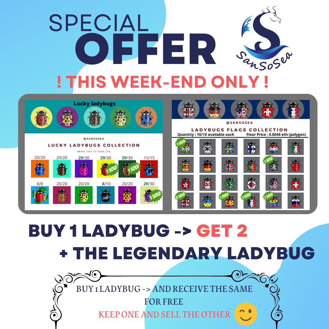 sansosea's tweet photo. #NFTCommunity #nftfam #nftcollectors 

Starting right now !

Buy 1 ladybug, receive it TWICE ! (+ the legendary ladybug of course ! )

This way, you can keep the luck and sell the other one 😜🥳 

Spread the news dear friends and family !😍🙏🙌
https://t.co/P267zR1cye https://t.co/oOjlWeT2Uv