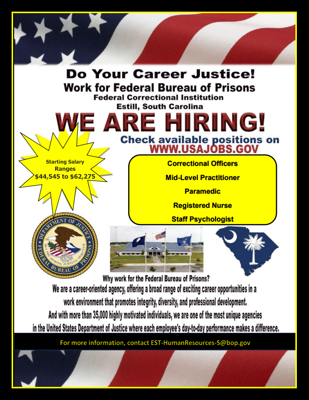 Federal Bureau of Prisons Career Connections on Twitter: "FCI Estill, SC is  hiring and looking for awesome candidates like you to join the Federal  Bureau of Prisons family! Contact FCI Estill to